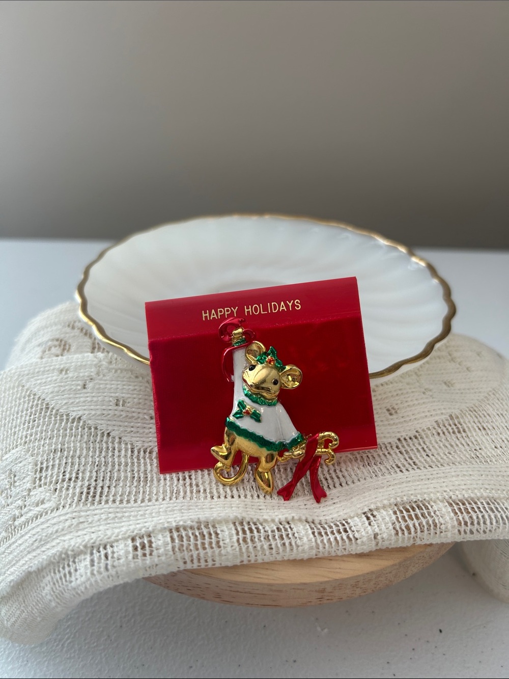 Vintage gold-tone and enamel Christmas mouse brooch